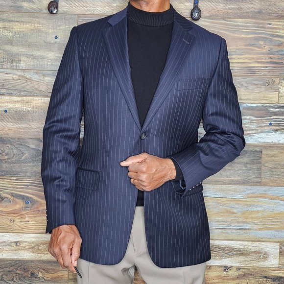 John W. Nordstrom Flextech Wool Navy Blue Striped Dual Vent Blazer Jacket 42R - Picture 4 of 11